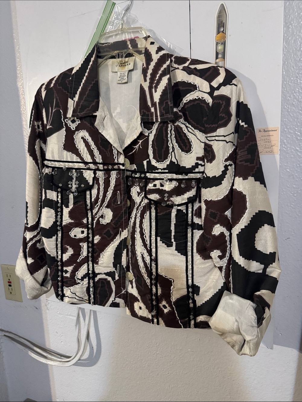 Sandy Starkman Black, Brown and White Abstract Pattern Jean Jacket